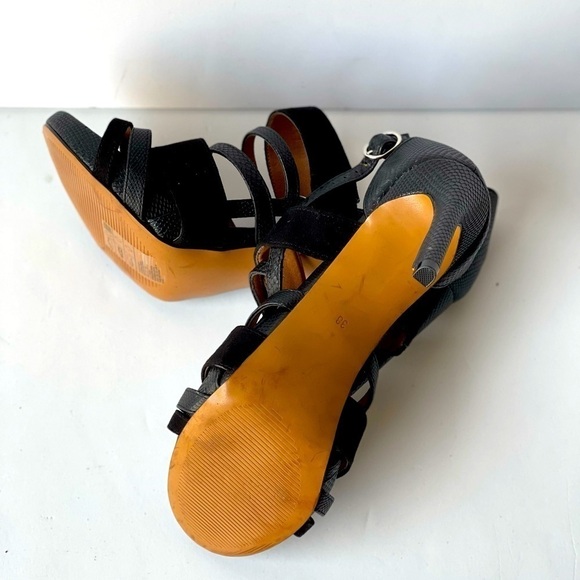 H&M Strappy Black Leather Sandals Stiletto Platform Heels, Sz 7 - Picture 6 of 13